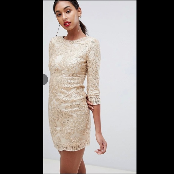 TFNC baroque patterned sequin mini dress in gold - Picture 3 of 11